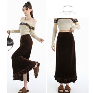 超好看春季木耳边黑色丝绒半身裙女冬包臀直筒一步裙开叉a字长裙