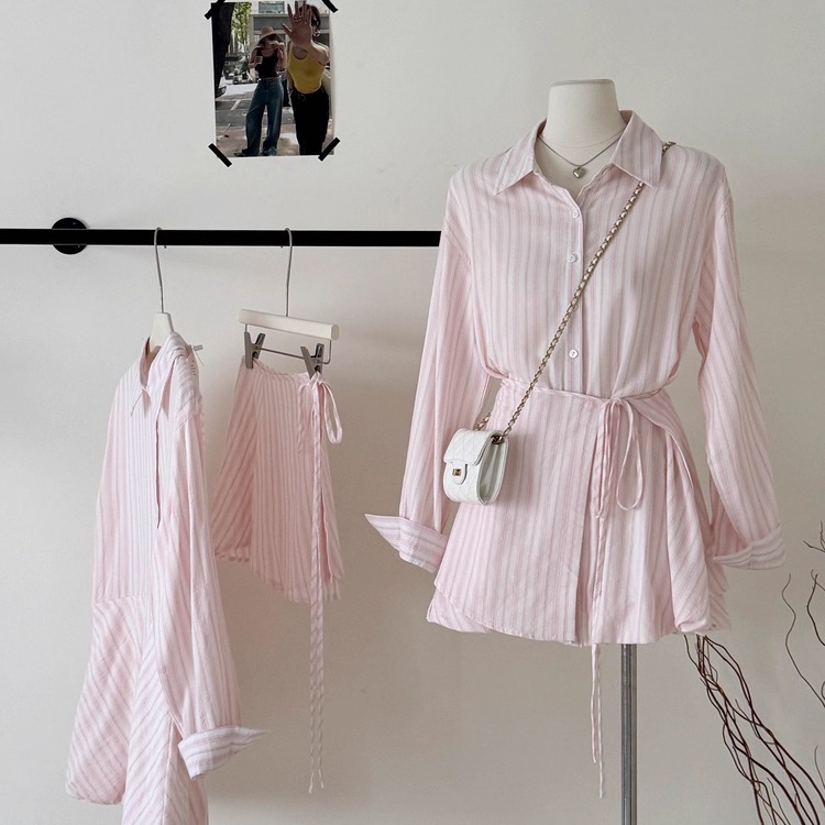 粉色条纹长袖收腰衬衫连衣裙女