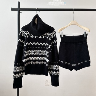 两件套装 针织短裤 一整套裙费尔岛高领毛衣外套上衣女 巨好看冬装