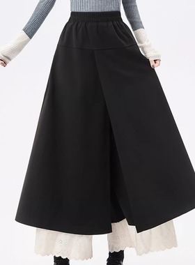 灰色蕾丝拼接假两件屁帘裙裤女高腰梨形遮胯a字超好看冬装半身裙