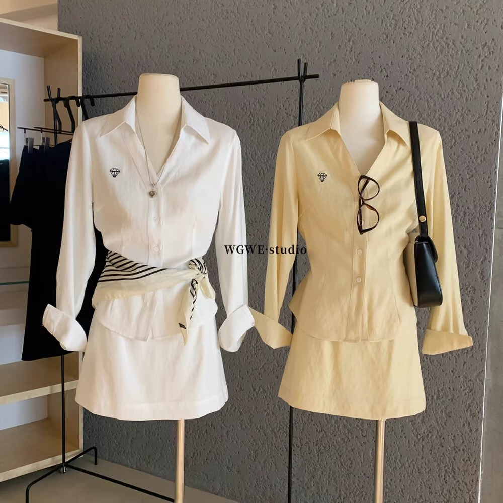 v领亚麻衬衫长袖上衣+包臀短裙