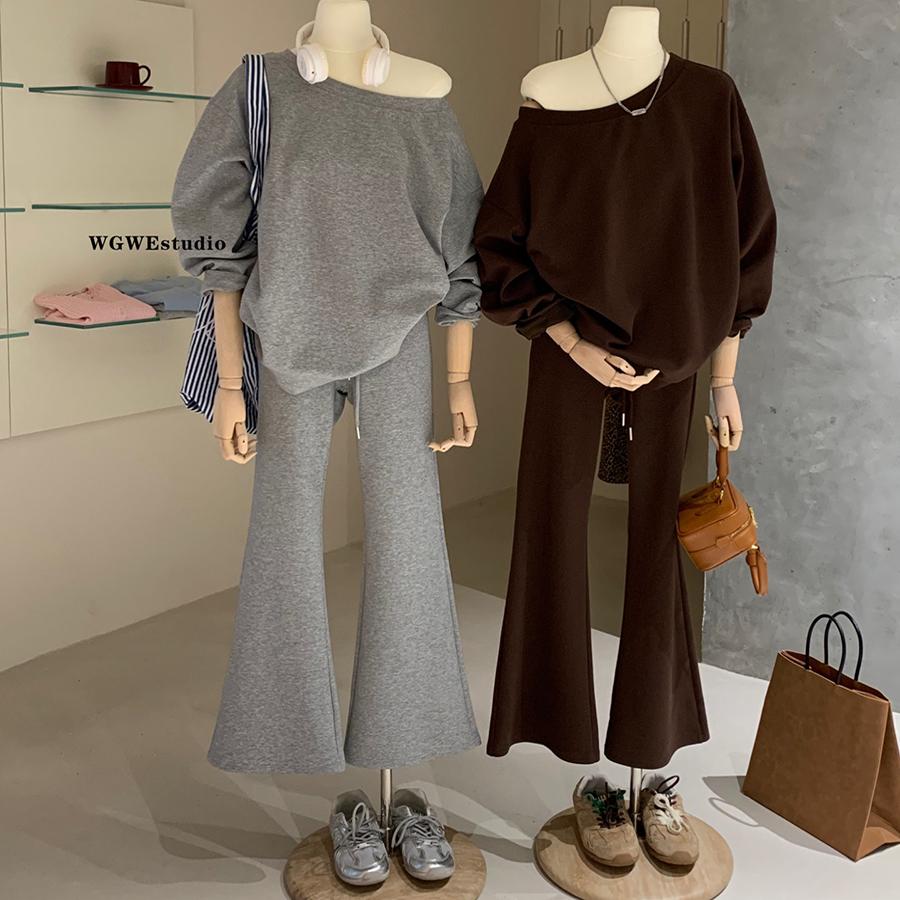 斜领露肩卫衣外套+高腰微喇长裤