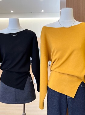 黄色一字领长袖针织衫女秋冬季穿搭气质开叉内搭打底露肩毛衣上衣