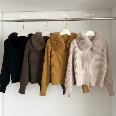 毛领拼接双拉链长袖毛衣外套秋