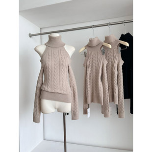 针织内搭秋冬打底衫 气质长袖 上衣 收腰修身 高领麻花露肩毛衣女春季