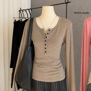 内搭上衣 巨好看弹力打底衫 韩系简约纽扣半开领长袖 T恤女秋冬修身