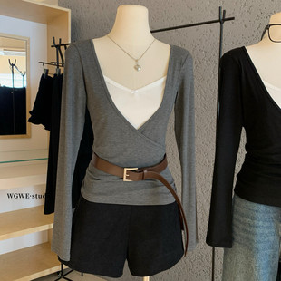 别致假两件内搭上衣 T恤女秋冬小众修身 设计感撞色拼接打底衫 长袖