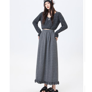灰色加绒木耳边毛呢半身裙女超好看冬装 松紧腰显瘦气质A字长裙子