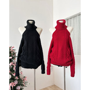 针织衫 慵懒风长袖 上衣 新年氛围感红色高领露肩毛衣女宽松时尚 冬季