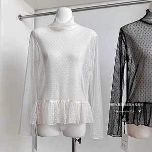 T恤 设计显瘦气质长袖 韩系氛围感波点纱网叠穿蕾丝衫 上衣女早秋季