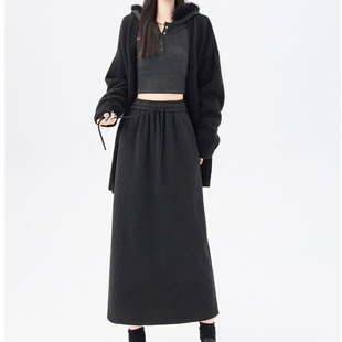 加绒加厚半身裙女超好看冬装 抽绳高腰直筒遮胯休闲卫裙A字长裙子