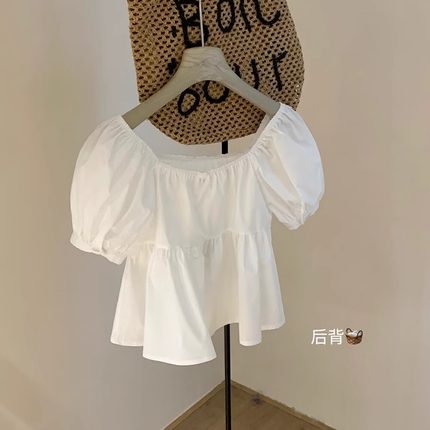 高级感法式方领泡泡袖白衬衫女装夏季新款设计感小众短款衬衣小衫