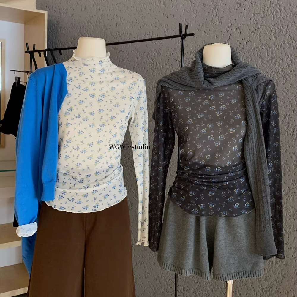 简约韩系叠穿碎花内搭蕾丝衫女秋季洋气木耳边长袖T恤气质打底衫