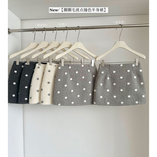 韩系复古波点羊羔毛短裙子甜美少女秋冬绝美高腰A字摇粒绒半身裙