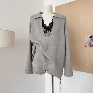 入秋搭配一整套慵懒风穿搭v领宽松套头毛衣女 两件套 针织直筒短裤