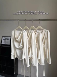 荡领系带衬衣收腰褶皱缎面气质上衣女 清欲香槟名媛