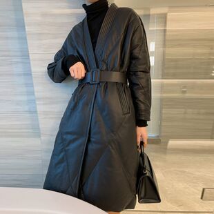 海宁皮衣2024新款秋冬季PU皮羽绒棉衣棉服女中长款外套收腰棉袄