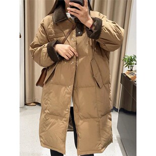 灯芯绒拼接翻领羽绒服女中长款韩版宽松加厚2024冬季新款过膝外套