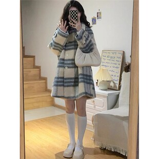 羽绒内胆短款格子毛呢外套女小个子2023冬季新款韩版加厚呢子大衣