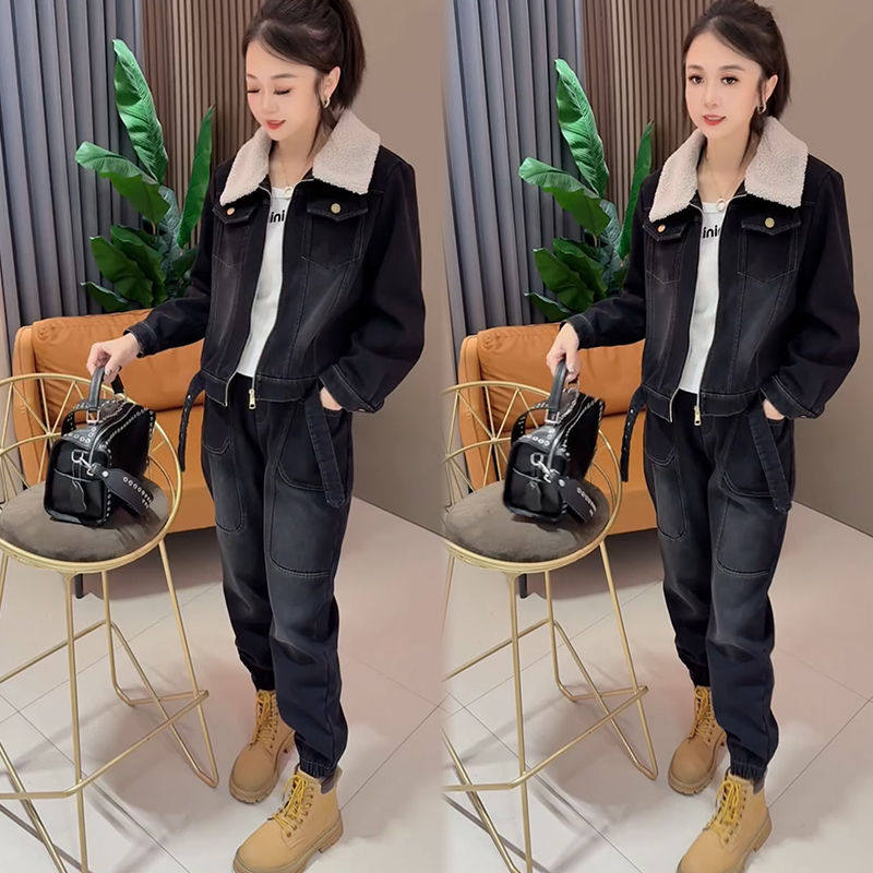 0新加绒牛仔女宽码质尚气红两件套224款加厚套装秋冬松大气时洋网