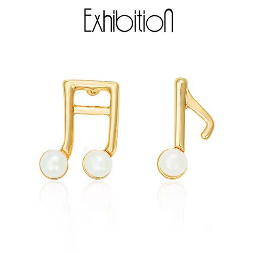 Exhibition珍珠耳钉音符925银针