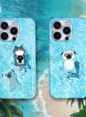 吾皇猫联名游泳蓝色手机壳双层适用苹果iPhone17Promax1615华为Mate7060Pro+