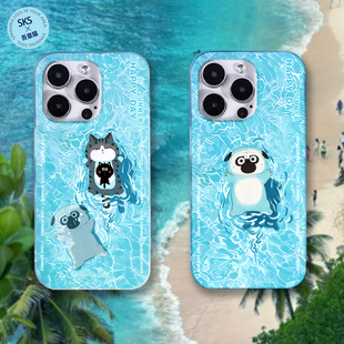 吾皇猫联名游泳蓝色手机壳双层适用苹果iPhone17Promax1615华为Mate7060Pro