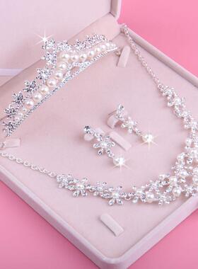 新娘项炼韩式婚纱礼服旗袍配饰珍珠水钻皇冠头饰饰品三件套包邮