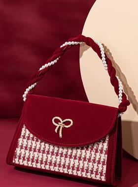 千鸟格之恋复古红色丝绒婚包斜挎小方包高级感手提新娘包新年宴会