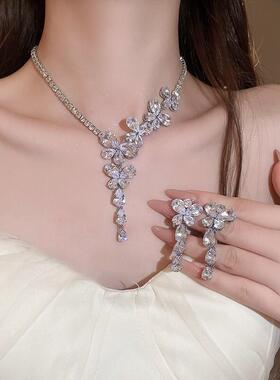 银针超闪锆石蝴蝶流苏耳环项链套装气质时尚锁骨链高级感婚纱配饰