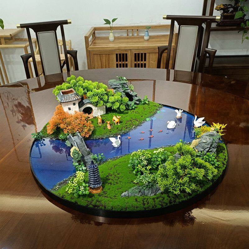 餐桌高档摆件山水亭台工艺品圆桌转盘花微缩景观桌摆酒店饭店装饰