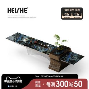 蓝宝石大理石茶桌天然奢石别墅奢华办公桌一体轻奢泡茶台 HEISHE