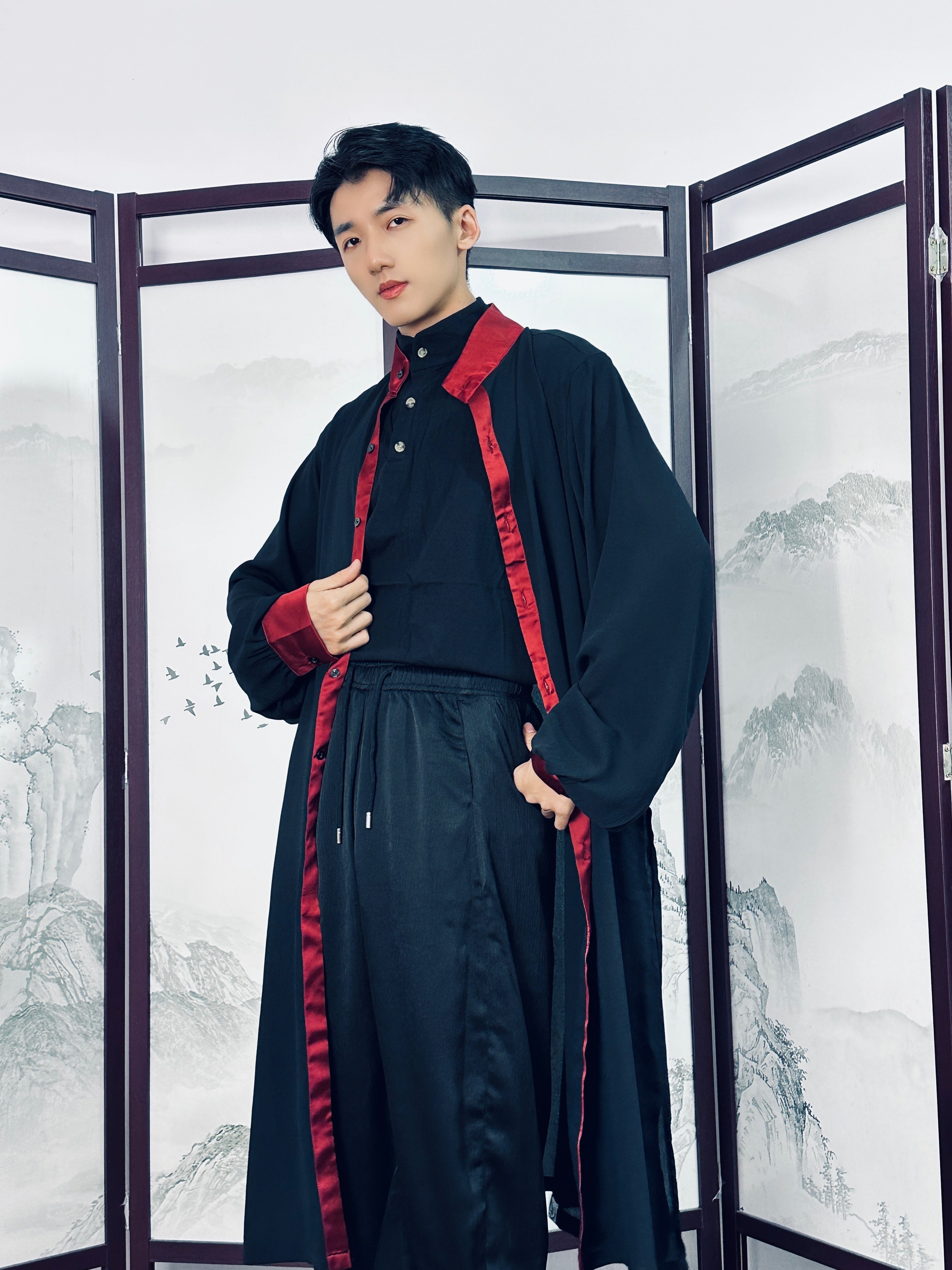 【余二制衣】原创设计新中式中国风黑红束腰长衫纱衣