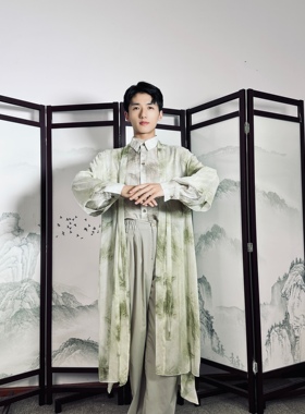 【余二制衣】原创设计中国风双绉苍绿色云纹系绳开衫纱衣