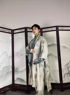 【余二制衣】原创设计新中式烟云水墨灰色双绉飘逸长款开衫外套