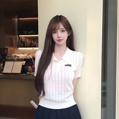 学院风miu系翻领镂空针织polo衫夏季字母减龄宽松显瘦短袖上衣女