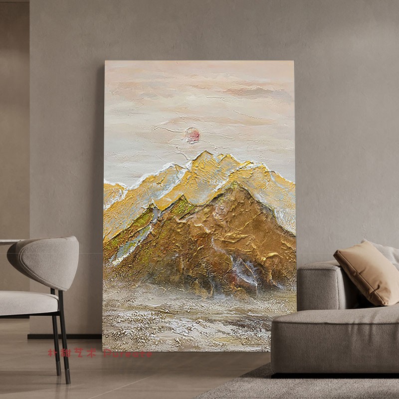 中古日照金山手绘油画背有靠山风景装饰画客厅挂画玄关丙烯肌理画图片