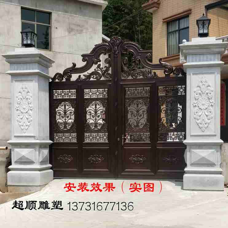大理石实心门柱方型别墅花岗岩浮雕麻石罗马庭院石头大门柱顶定制