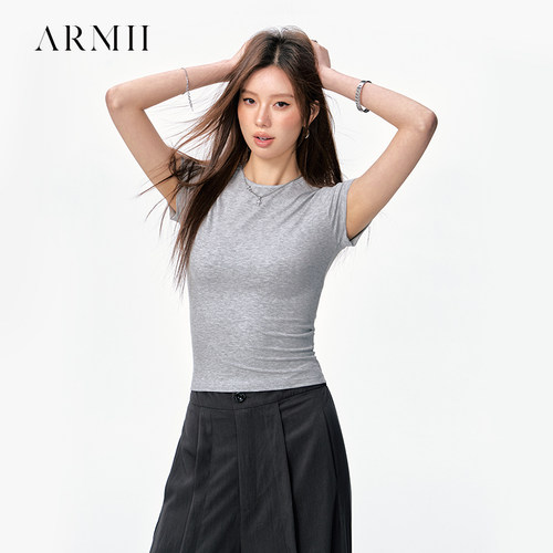 ARMII正肩短袖T恤女灰色卡戴珊女孩修身显瘦弹力圆领上衣叉腰夏