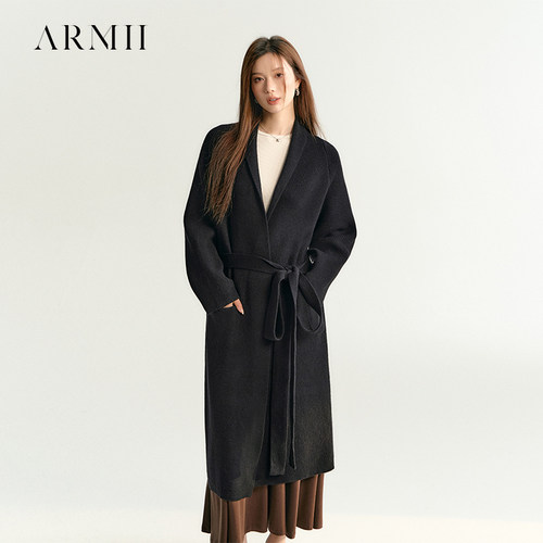 ARMII黑色长袖针织衫宽松外套女中长款系带毛衣大衣开衫秋冬