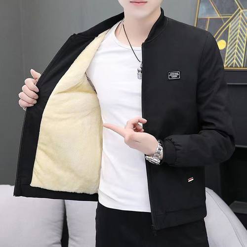2024秋冬季加绒加厚款男士外套青年修身百搭潮夹克休闲保暖外套男