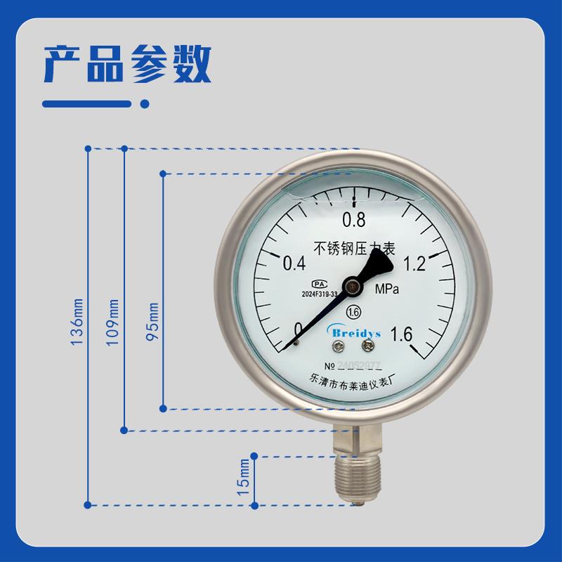 全不锈钢压力表YN100BF耐震压力表通用压力表0-1.6/100mpa多量程
