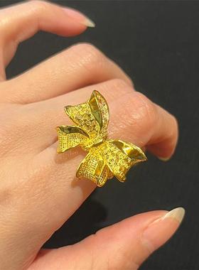 日本MUMI24K包金在逃公主镂空蝴蝶结戒指女新款18k金超大黄金大气