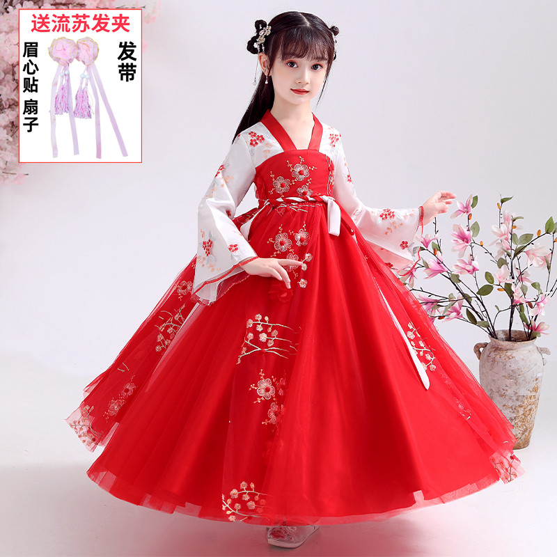 儿童刺绣古装汉服女孩秋装连衣裙中国风女唐装旗袍公主长袖连衣裙