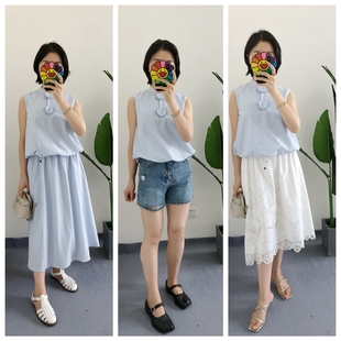 买手店 selfwh* 乔欣天蓝色无袖花苞背心上衣 A字半裙套装