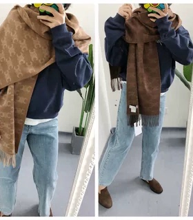 少量了 买手店cel 100羊绒凯旋门双面印花流苏围巾披肩女士围脖