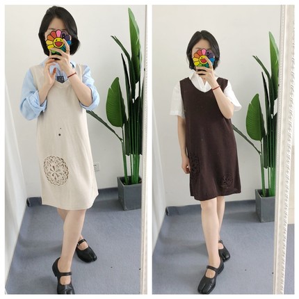 买手店selfwh* 欧阳娜娜V领钩花连衣裙背心裙通勤百搭
