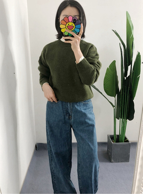 买手店loro 章若楠橄榄绿圆领羊毛针织套头毛衣墨绿色 元宝领衬衫