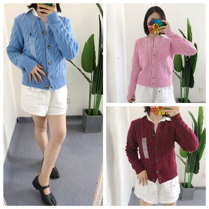 买手店 经典80羊毛20羊绒绞花粉色针织开衫女麻花上衣外套酒红色