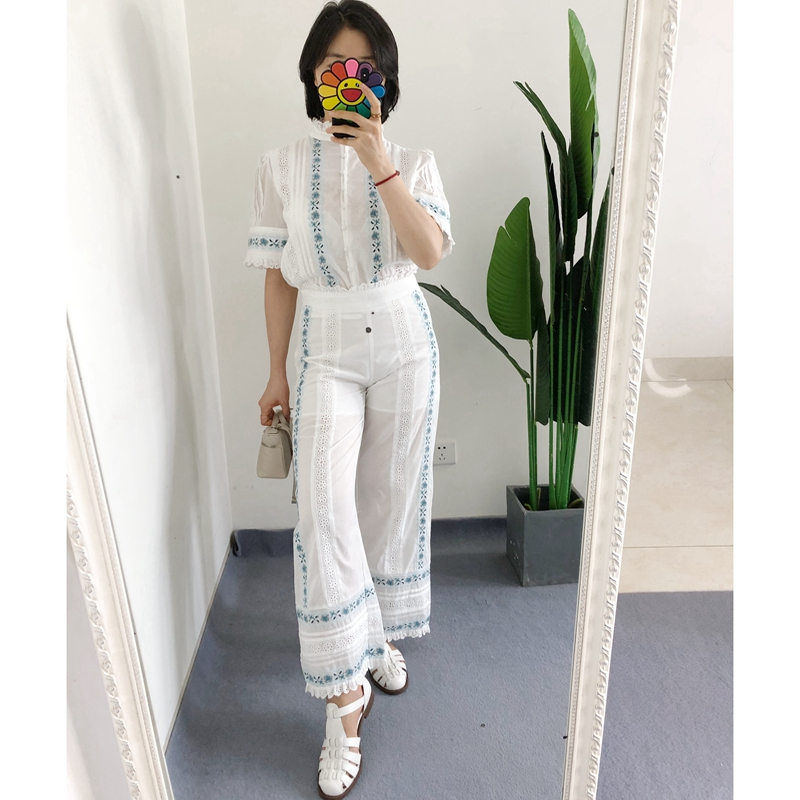 买手店sez@ne andion合作款碎花刺绣镂空钩花短袖衬衫上衣 直筒裤